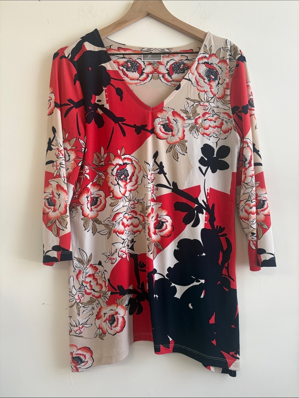 JM Collection Red, Black & Cream Floral V-Neck Tunic Top